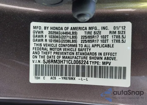 2012 Honda Cr-V Ex-L z USA, uszkodzony, nr VIN 5J6RM3H71CL006224